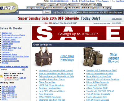 eBags.com 20% off  Super sunday sale.