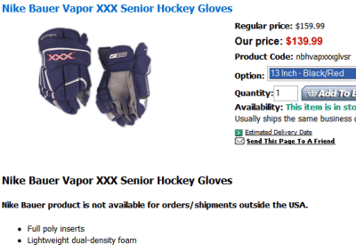 Nike Bauer Vapor XXX Senior Hockey Gloves  $139.99 at hockeygiant.com